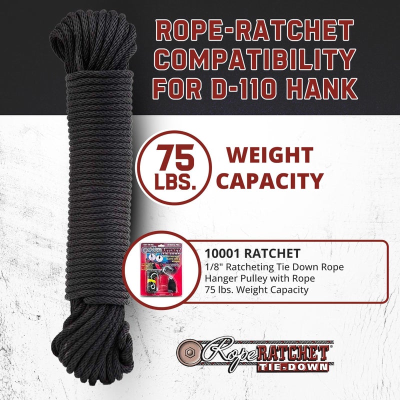 Rope Ratchet حبل ربط 1/8" بطول 50 قدم من خيوط البوليستر المجدولة، مقاوم للعوامل الجوية للاستخدام الداخلي والخارجي للحدائق، مشاريع DIY، تأمين الأحمال، الربط، ربط العقد، استخدام الأقمشة، سعة 75 رطل - أسود - Image 4